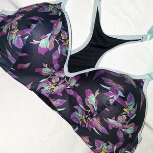 Floral Print Light Blue Trim Sports Bra‎ Activewear Medium Support 3XL
